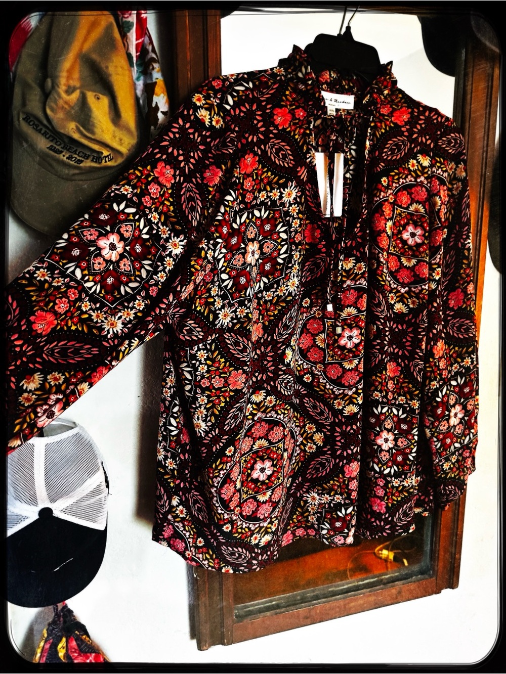 Blouse, Pink, Black, Floral Scarf Print.